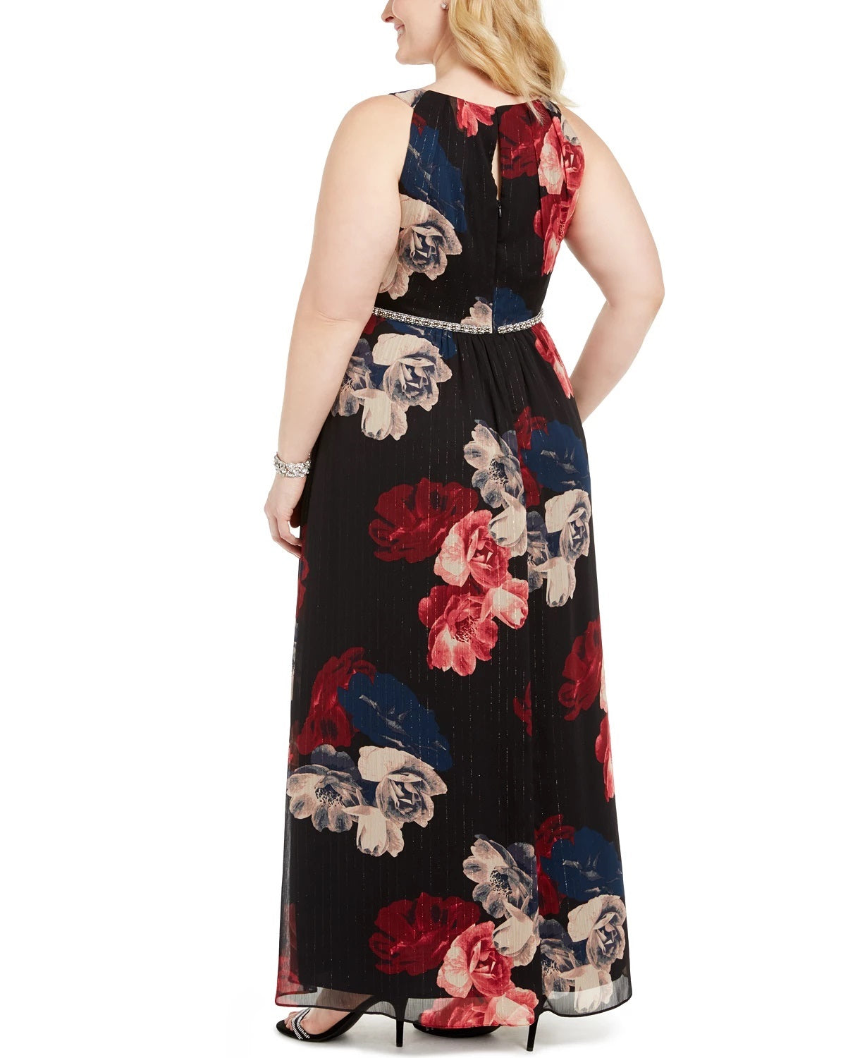 SL Fashions Women's Plus Size Printed Bead-Waist Maxi Dress Charcoal Size 20W