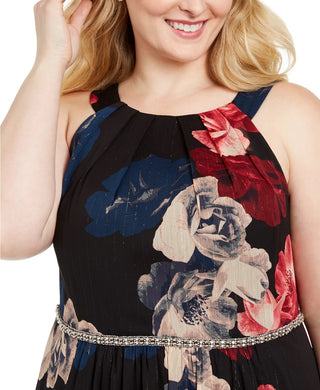 SL Fashions Women's Plus Size Printed Bead-Waist Maxi Dress Charcoal Size 20W