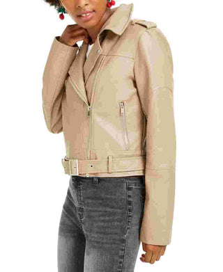 Collection B Juniors' Faux-Leather Belted Moto Jacket Brown Size Large