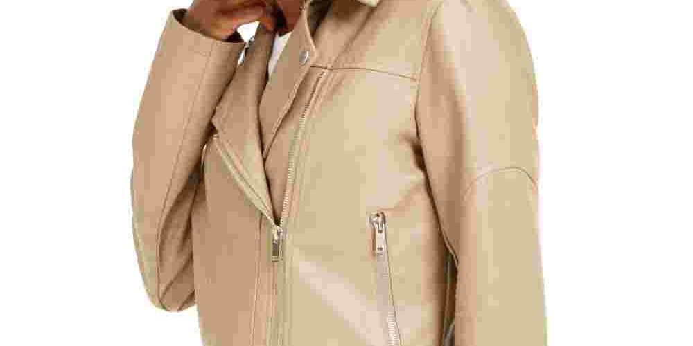 Collection B Juniors' Faux-Leather Belted Moto Jacket Brown Size Large