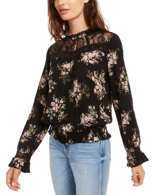 American Rag Junior's Lace Trimmed Smocked Waist Blouse White Size Small