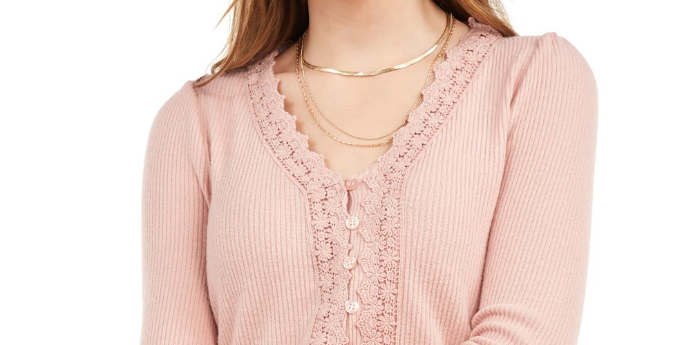 American Rag Juniors'' Lace-Trimmed Button-Front Top Bright Pink Size Small