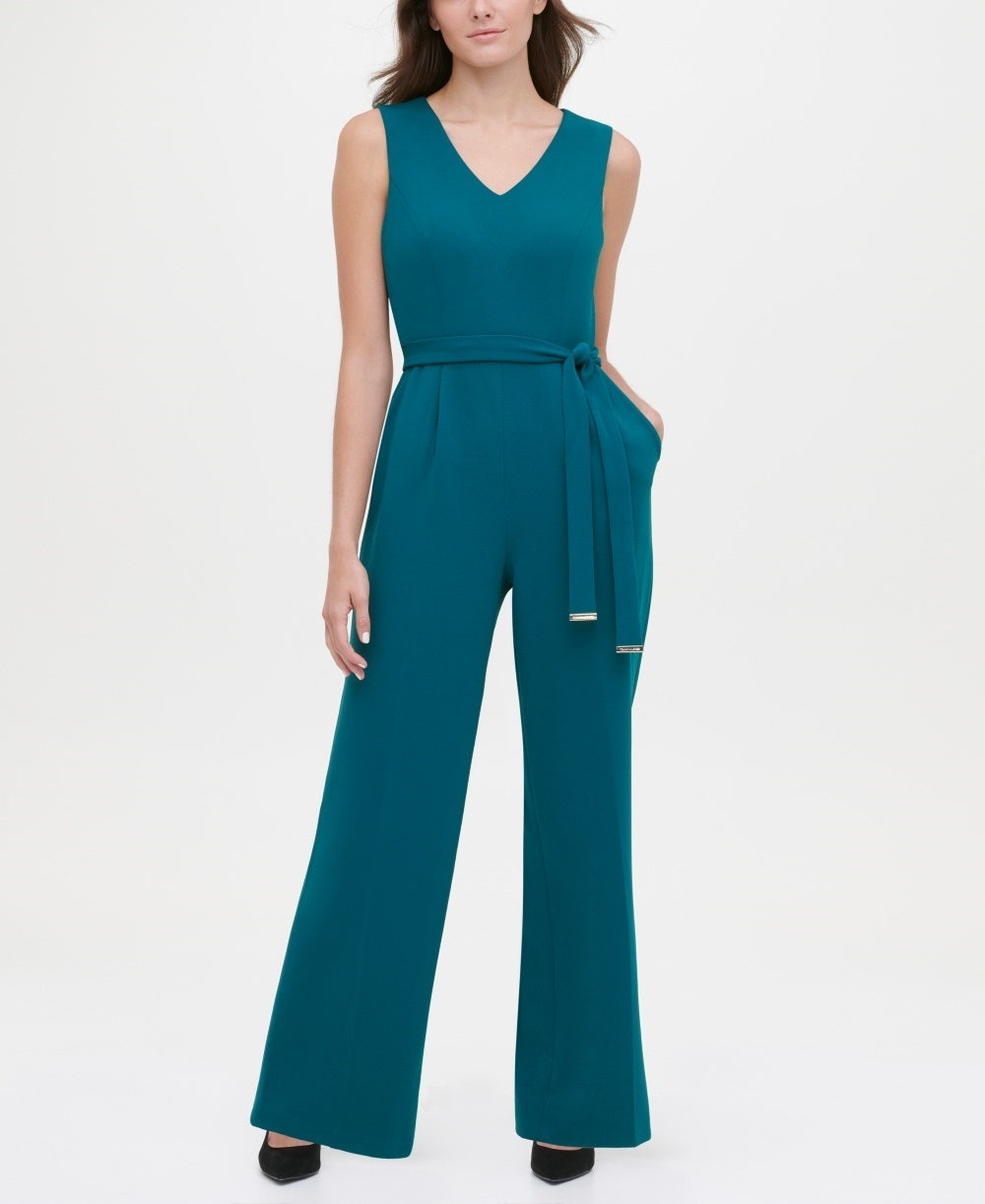 Tommy Hilfiger Women's Belted V Neck Jumpsuit Green Size 6