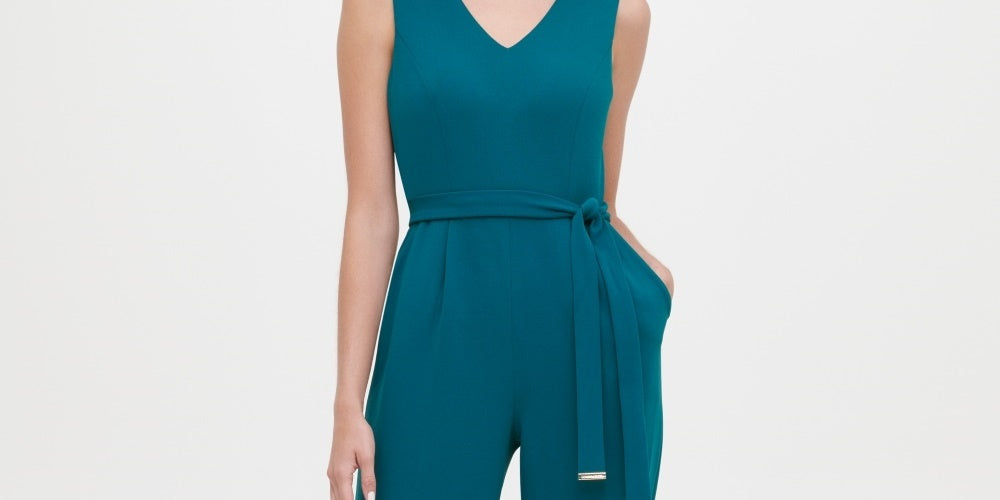 Tommy Hilfiger Women's Belted V Neck Jumpsuit Green Size 6