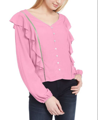 Planet Gold Junior's Ruffle Jacquard Top Pink Size Medium