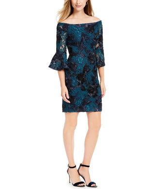 Adrianna Papell Women's Floral Bell Sleeve Off Shoulder Above The Knee Sheath Cocktail Dress Blue Size 16