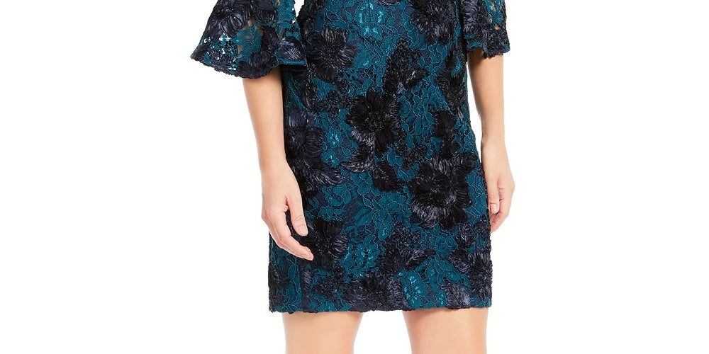 Adrianna Papell Women's Floral Bell Sleeve Off Shoulder Above The Knee Sheath Cocktail Dress Blue Size 16