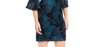 Adrianna Papell Women's Floral Bell Sleeve Off Shoulder Above The Knee Sheath Cocktail Dress Blue Size 16