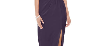 Adrianna Papell Women's Zippered Slitted Short Sleeve Asymmetrical Neckline Full Length Sheath Dress Purple Size 6