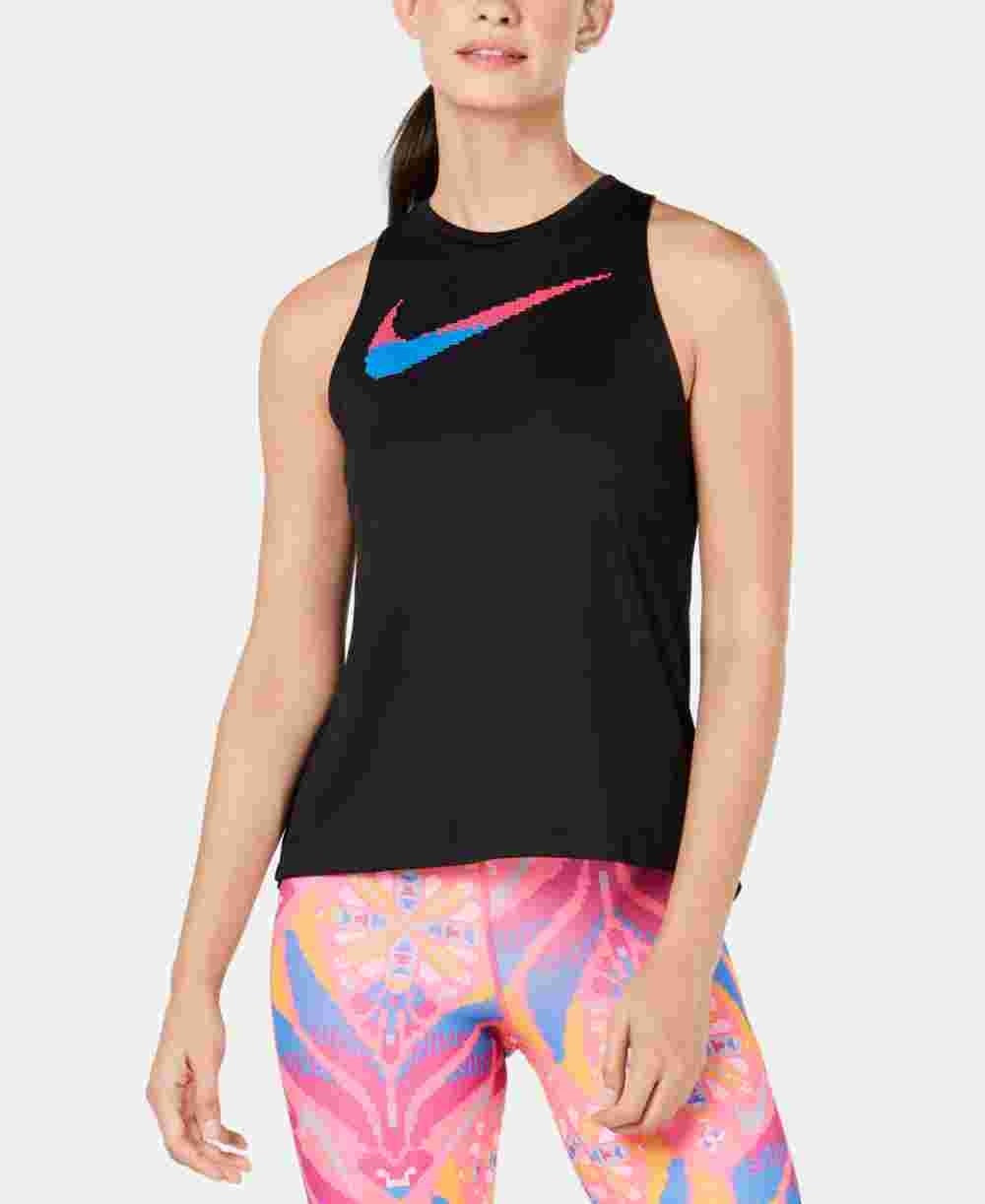Nike Women's Dri-FIT Printed-Logo Racerback Running Tank Top Charcoal Size Large