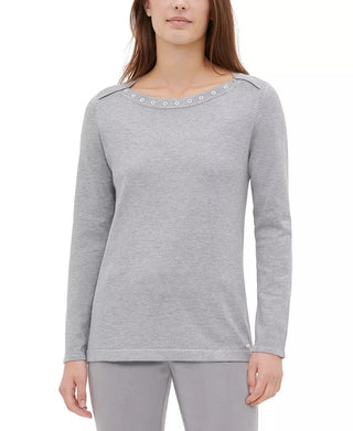 Calvin Klein Women's Heather Long Sleeve Jewel Neck Top Gray - Size Medium