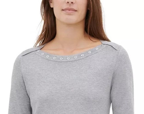 Calvin Klein Women's Heather Long Sleeve Jewel Neck Top Gray - Size Medium