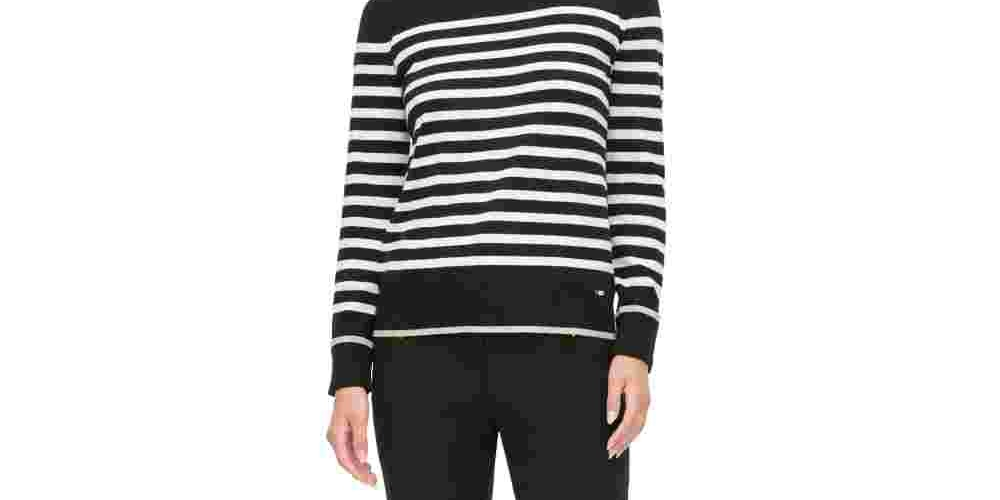 Calvin Klein Women's Striped Long Sleeve Jewel Neck Top Black Size X-Large