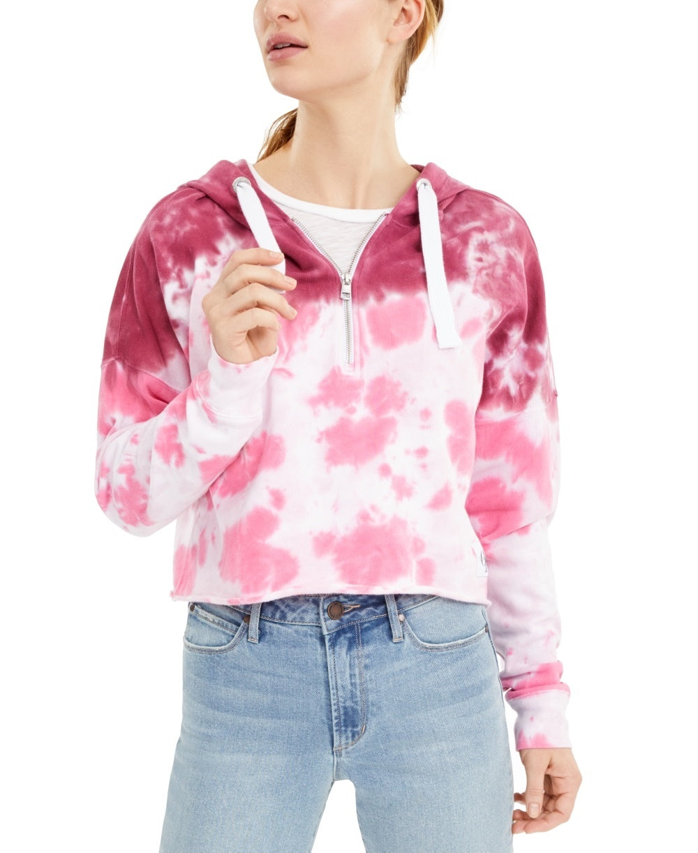 Calvin Klein Women's Tie-Dye Cropped Hooded Sweatshirt Pink Size Small