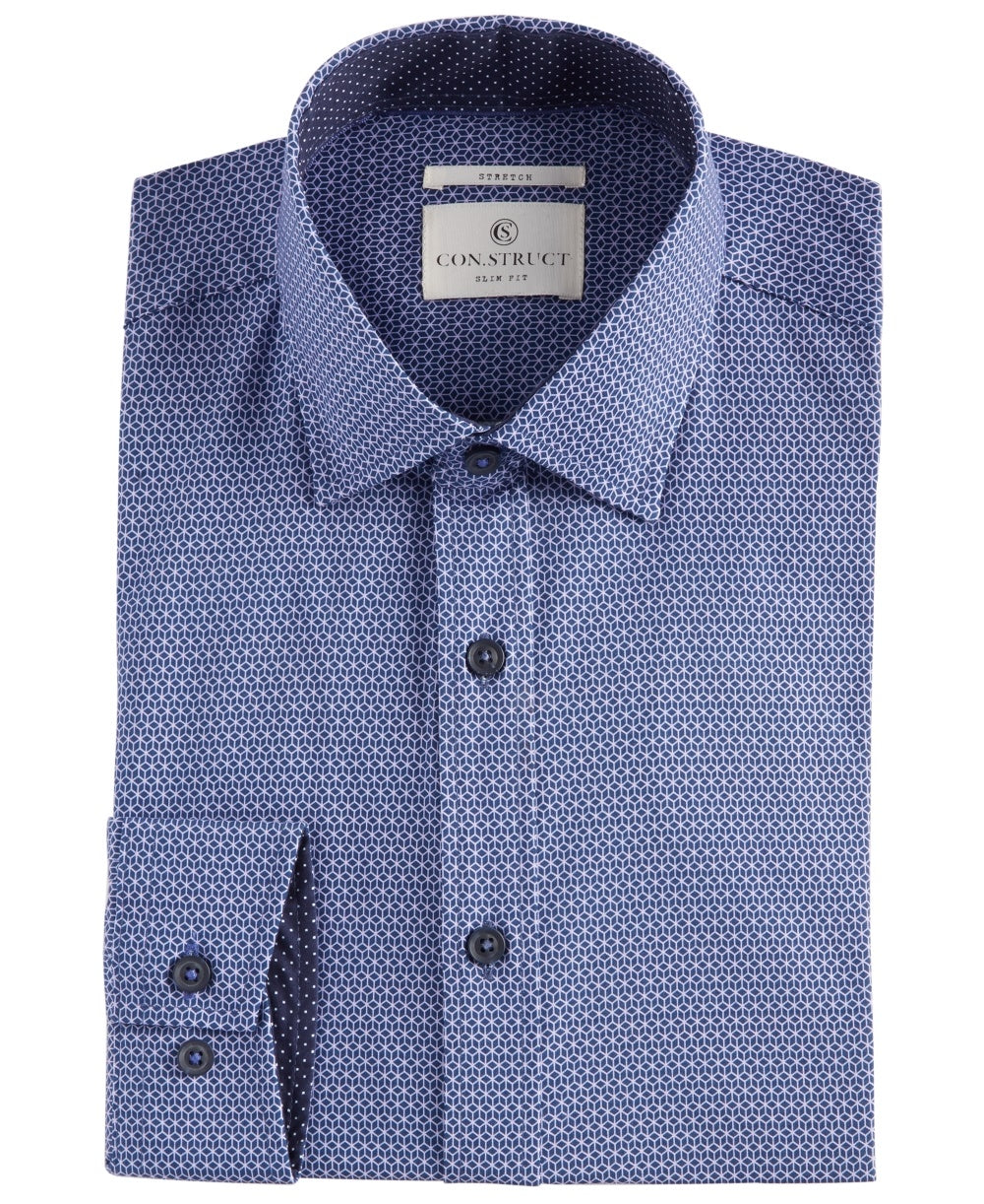 Construct Men's Slim-Fit Performance Stretch Geo-Print Cooling Comfort Dress Shirt Purple Size 15.5x34-35