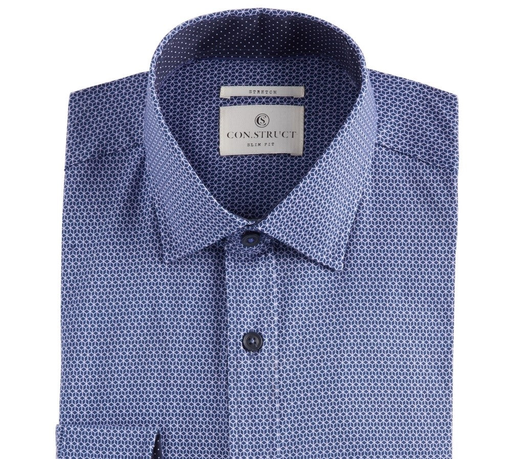 Construct Men's Slim-Fit Performance Stretch Geo-Print Cooling Comfort Dress Shirt Purple Size 15.5x34-35