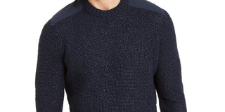 Michael Kors Men's Blue Crew-Neck Long-Sleeve Patch Knit Sweater Repaired Blue Size X-Large