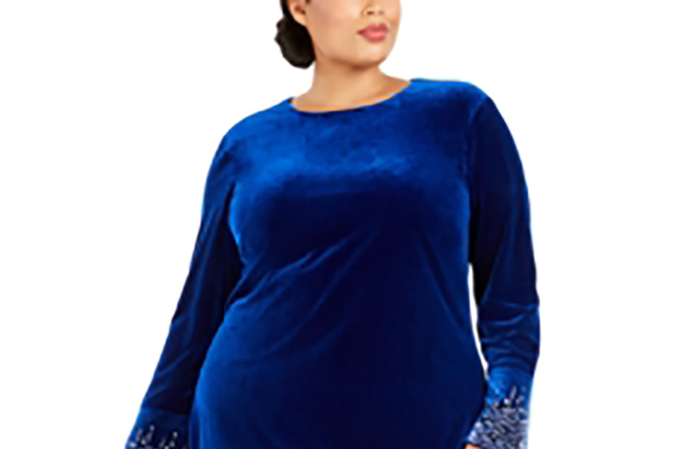 Calvin Klein Women's Plus Size Bling Bell-Sleeve Velvet Dress Blue Size 14W