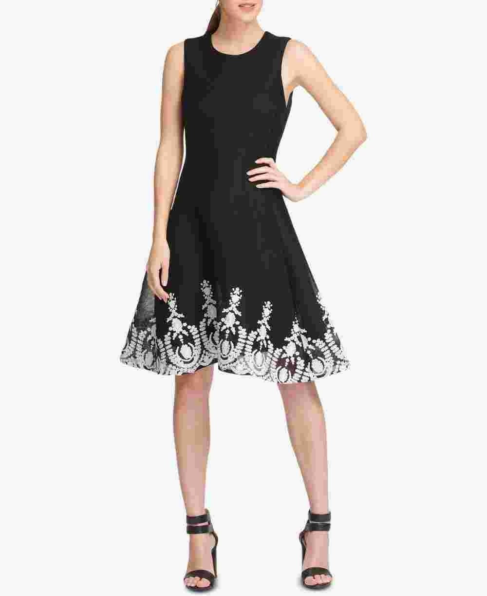 DKNY Women's Sleeveless Embroidered Fit & Flare Dress Black Size 10