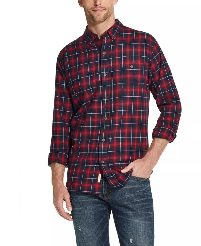 Weatherproof Vintage Men's Plaid Collared Classic Fit Cotton Dress Shirt Navy Size Medium