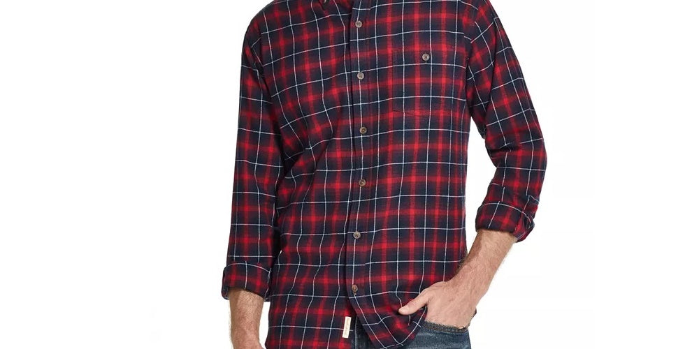 Weatherproof Vintage Men's Plaid Collared Classic Fit Cotton Dress Shirt Navy Size Medium
