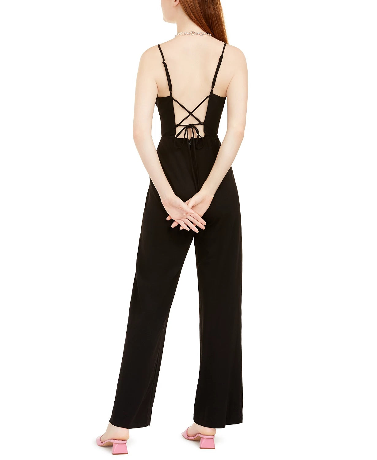 Teeze Me Women's Juniors Lace Up Back Scoop Neck Jumpsuit Black Size 15