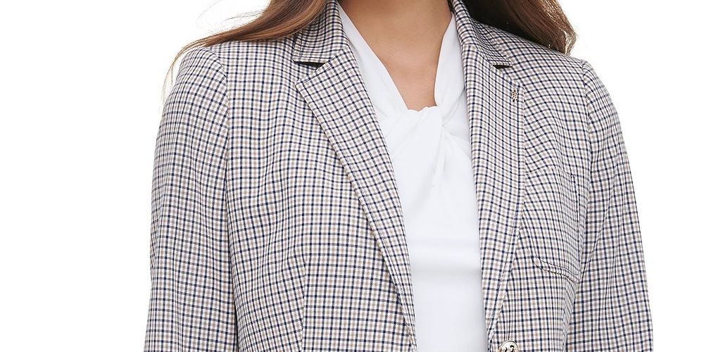 Tommy Hilfiger Women's Plaid Print Elbow Padded Blazer Brown Size 6