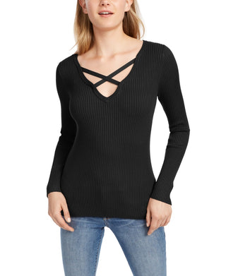 Hippie Rose Junior's Crisscross Sweater Black Size Large