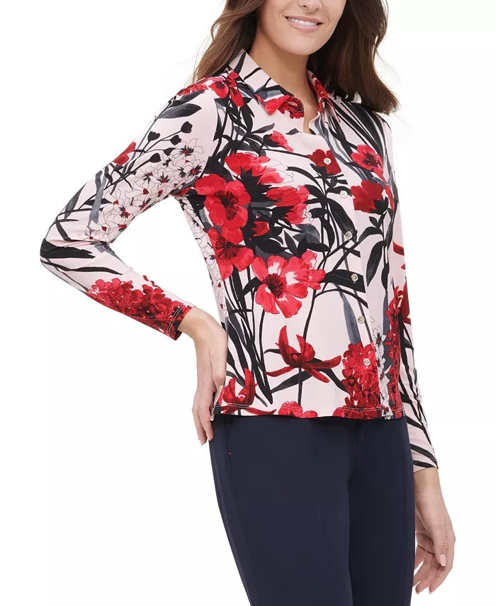 Tommy Hilfiger Women's Floral Button Up Collared Blouse Pink Size X-Large