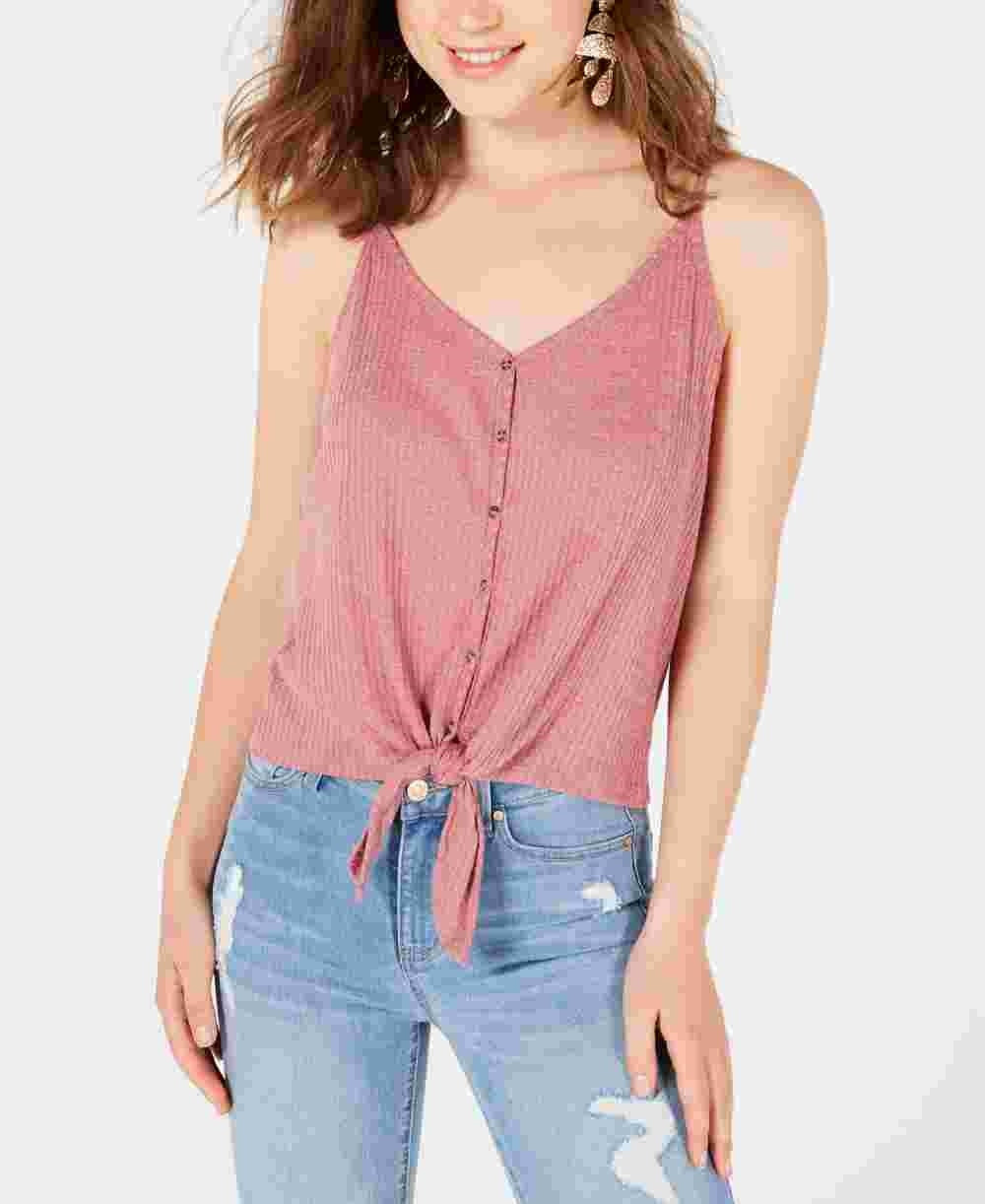 Hippie Rose Junior's Button Front Tie Waist Tank Top Brown Size Large