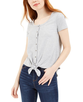 Hippie Rose Junior's Tie Front Pointelle T-Shirt Grey Size Small