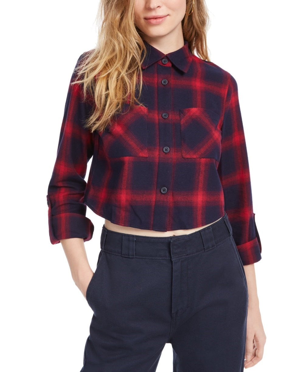 Dickies Women's Cropped Plaid Flannel Button Up Shirt Red Size Large