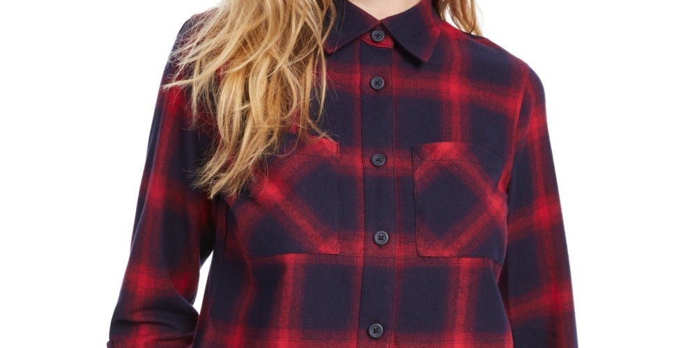 Dickies Women's Cropped Plaid Flannel Button Up Shirt Red Size Large
