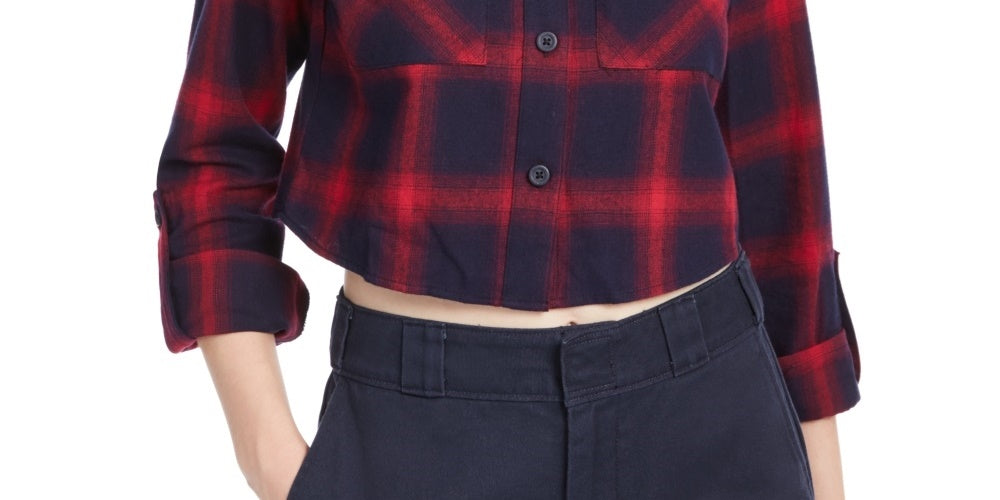 Dickies Women's Cropped Plaid Flannel Button Up Shirt Red Size Large