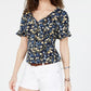 Hooked Up By Iot Juniors' Printed Peplum Blouse Navy Size Large