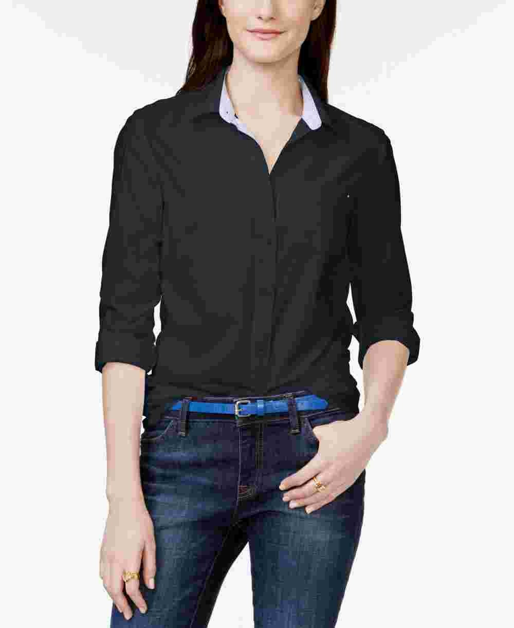 Tommy Hilfiger Women's Cotton Roll Tab Shirt Navy Size Small