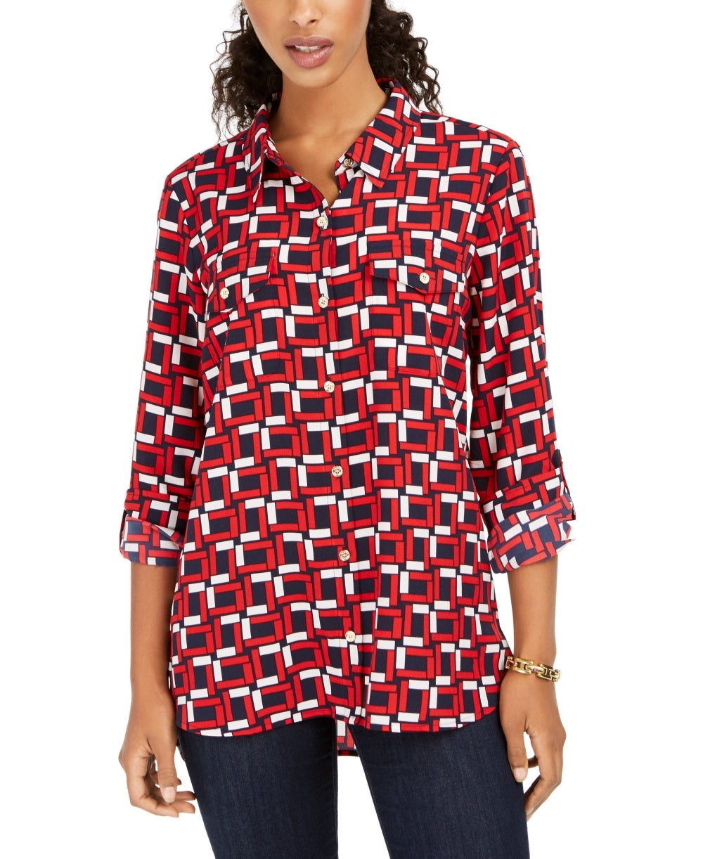 Tommy Hilfiger Women's Printed Utility Tunic Blue Size Medium