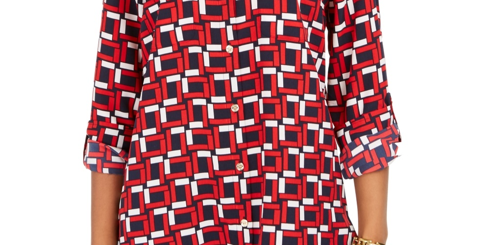 Tommy Hilfiger Women's Printed Utility Tunic Blue Size Medium