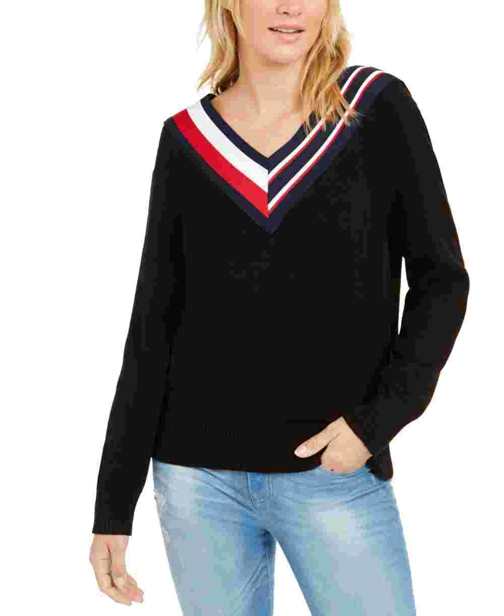 Tommy Hilfiger Women's Striped V Neck Sweater Black Size Medium