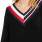 Tommy Hilfiger Women's Striped V Neck Sweater Black Size Medium