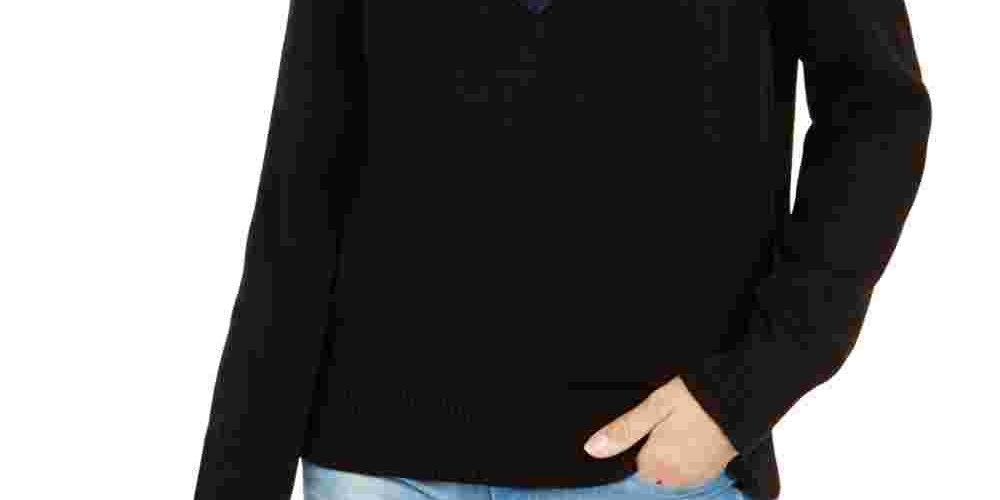 Tommy Hilfiger Women's Striped V Neck Sweater Black Size Medium