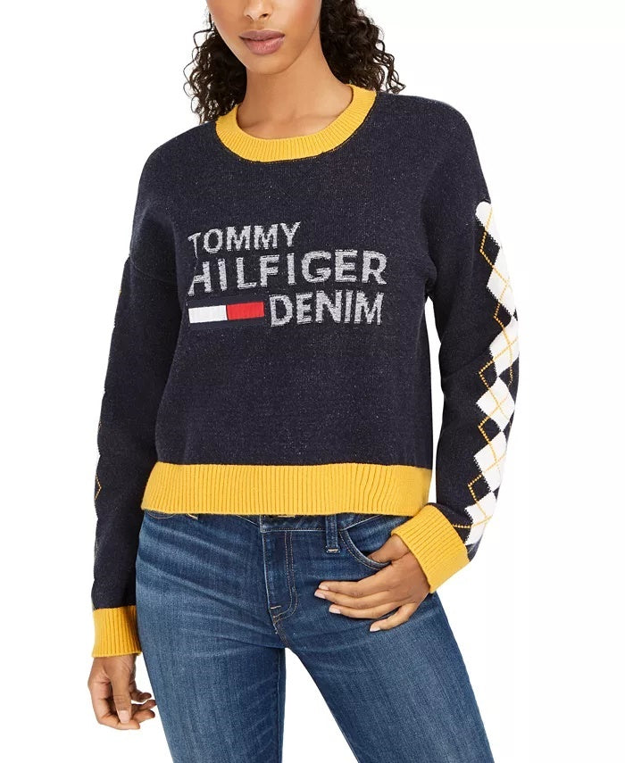 Tommy Hilfiger Women's Denim Argyle Sweater Blue Size Small