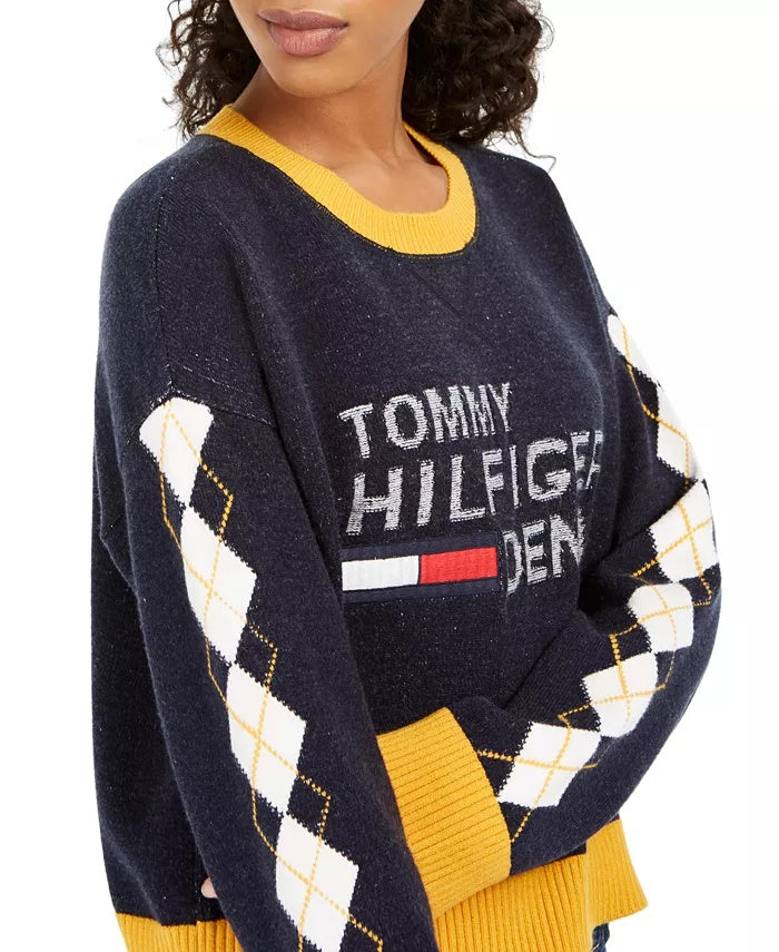 Tommy Hilfiger Women's Denim Argyle Sweater Blue Size Small