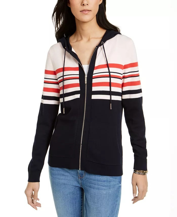 Tommy Hilfiger Women's Cotton Striped Hoodie Sweater Pink Size Medium
