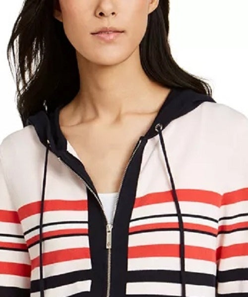Tommy Hilfiger Women's Cotton Striped Hoodie Sweater Pink Size Medium