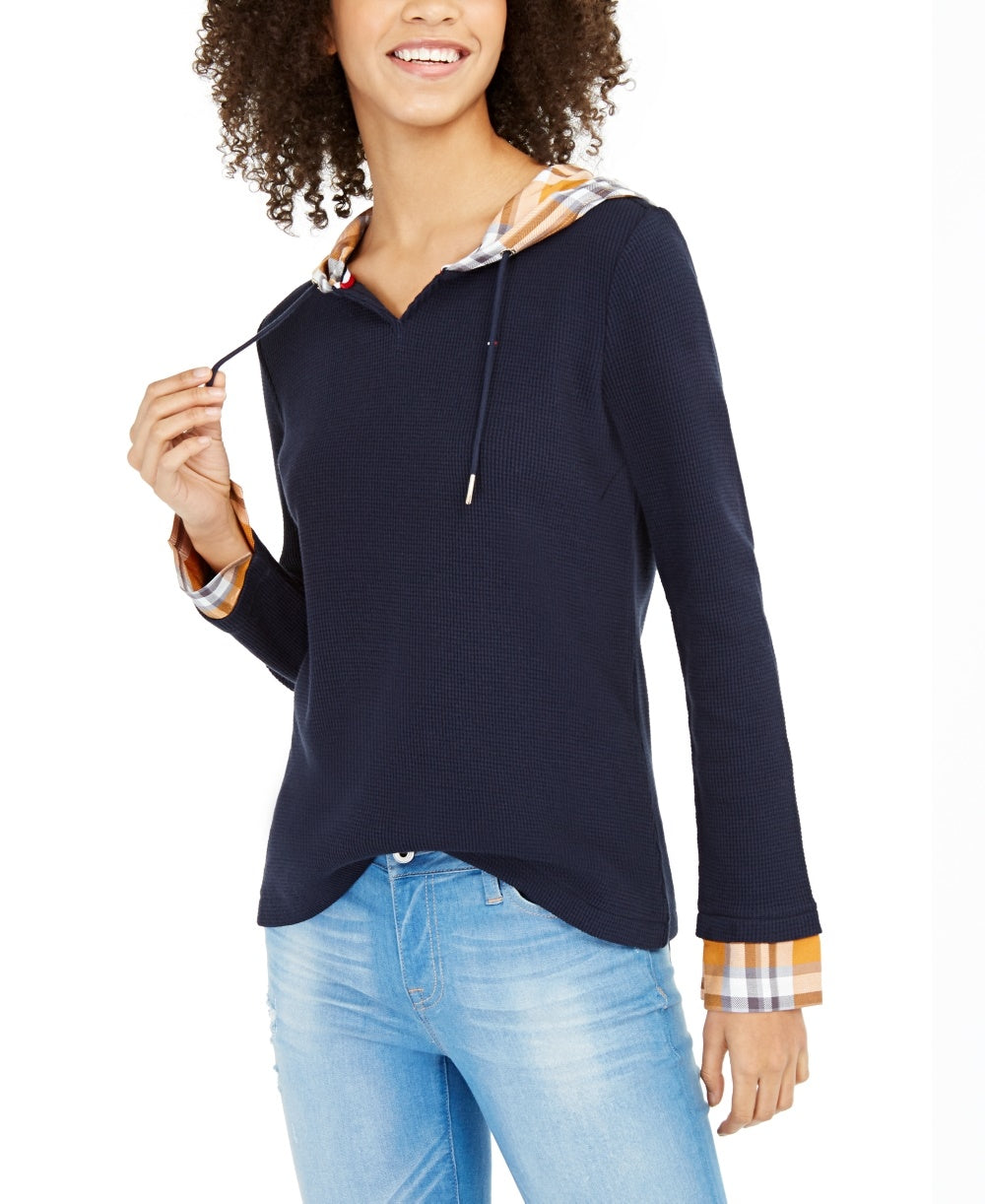 Tommy Hilfiger Women's Contrast Plaid Hooded Top Navy Size Medium