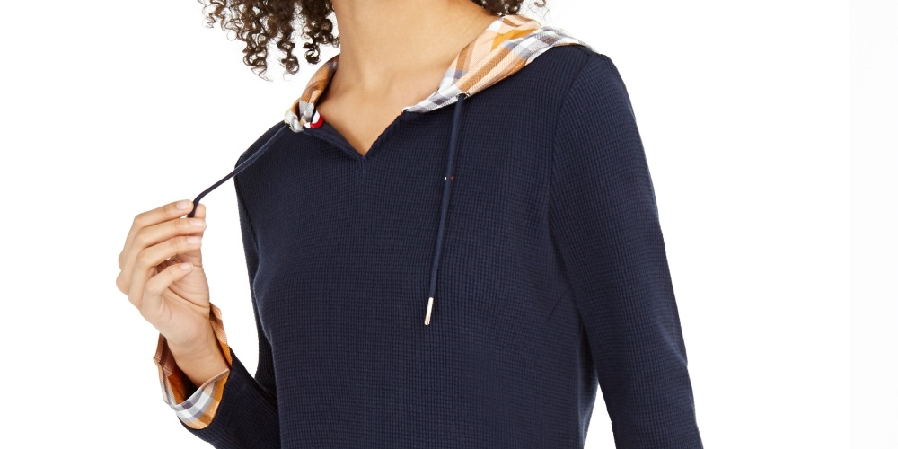 Tommy Hilfiger Women's Contrast Plaid Hooded Top Navy Size Medium
