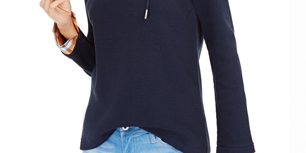 Tommy Hilfiger Women's Contrast Plaid Hooded Top Navy Size Medium