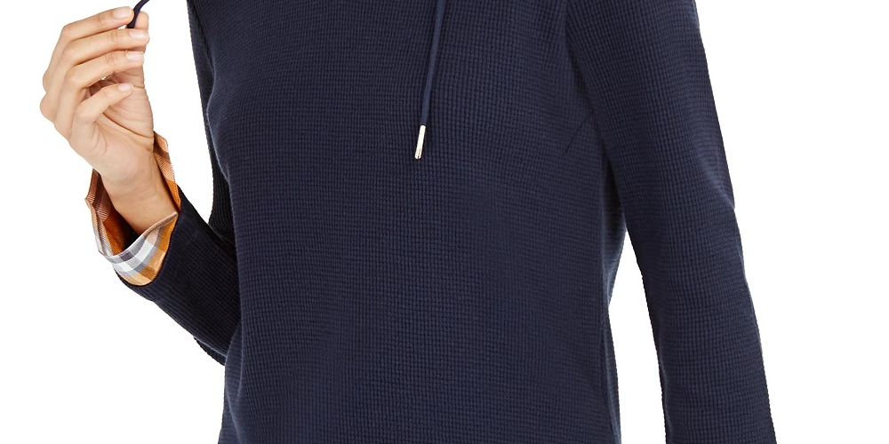 Tommy Hilfiger Women's Contrast Plaid Hooded Top Navy Size Small