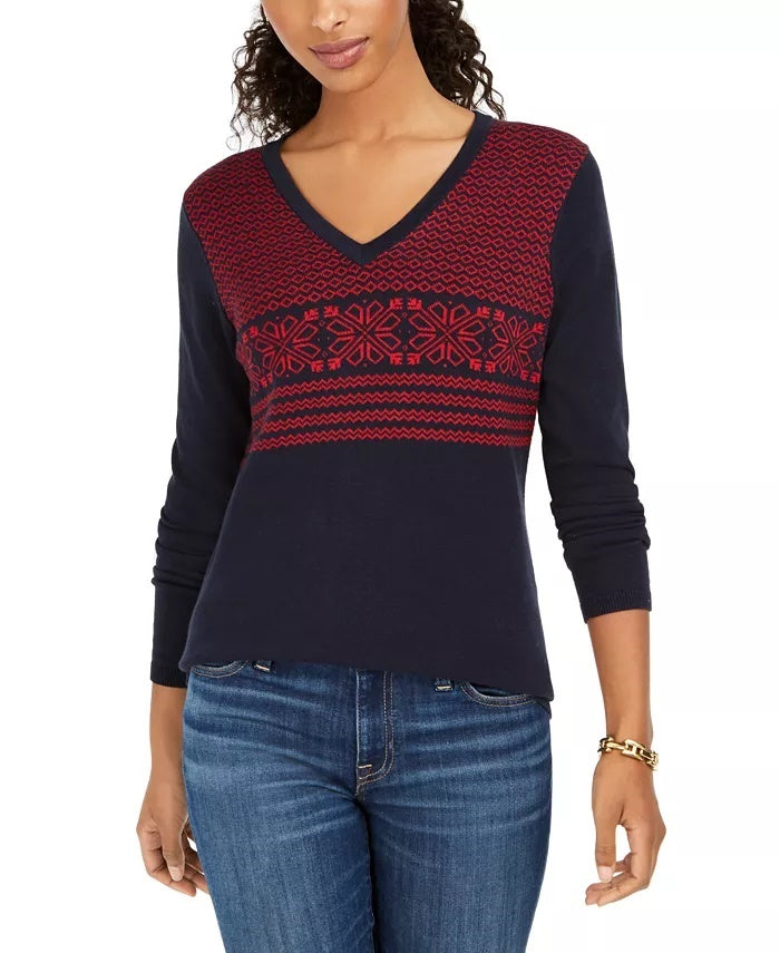 Tommy Hilfiger Women's Fair Isle Ivy Cotton Sweater Blue Size XX-Large